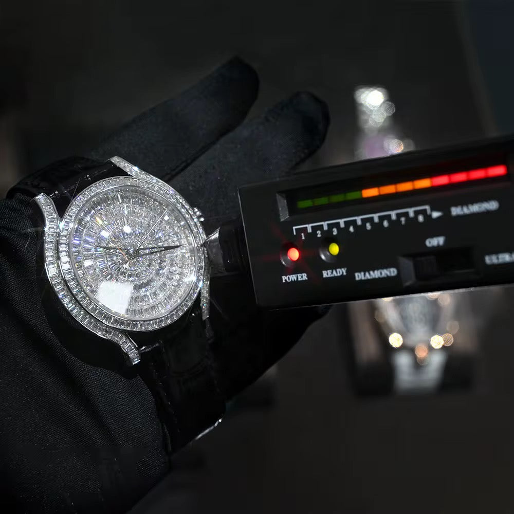 Fully Iced Out Moissanite Watch – Baguette Explosion, Luxury Unisex Dope-Super Timepiece