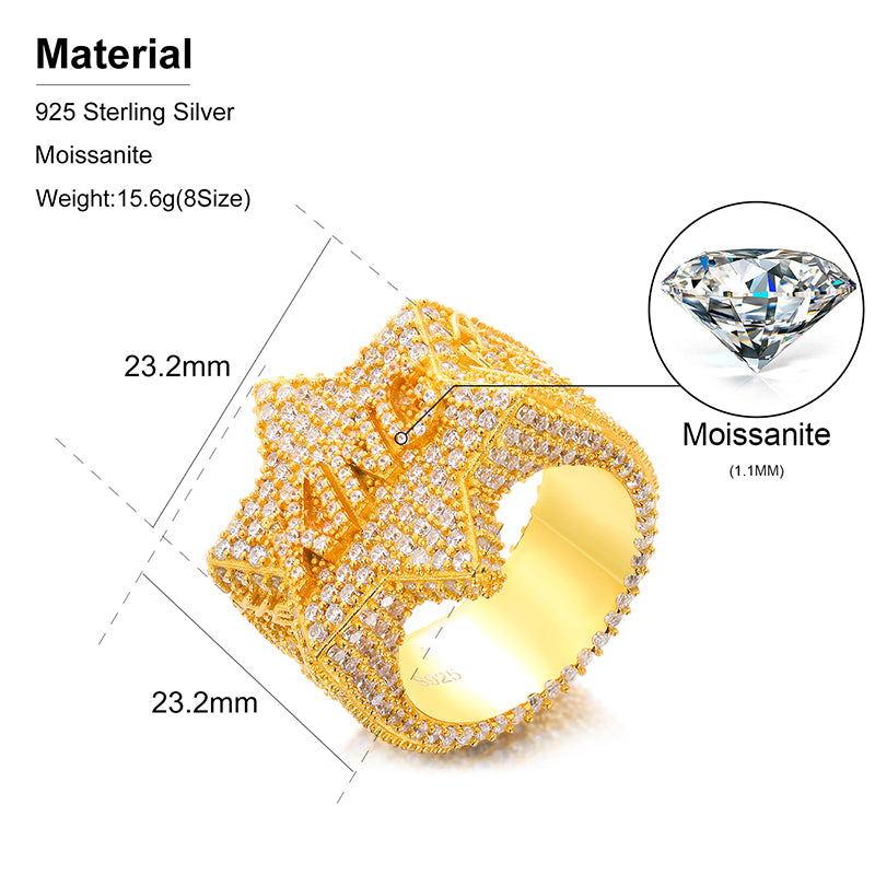 Moissanite Diamond Iced Out King Star Ring For Men