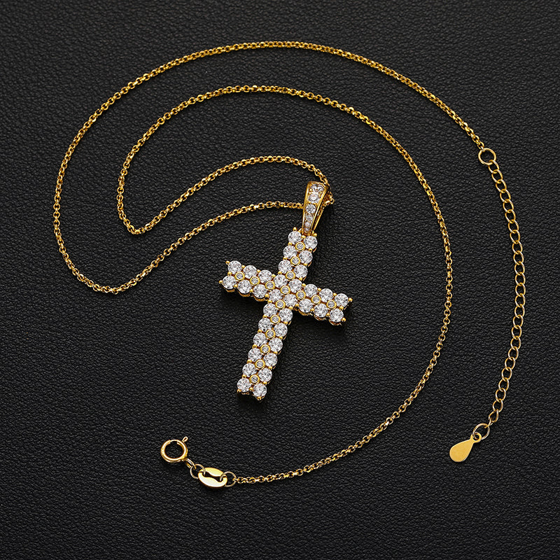 925 Sterling Silver Two Row VVS Moissanite Diamond Cross Pendant Necklace With Chain