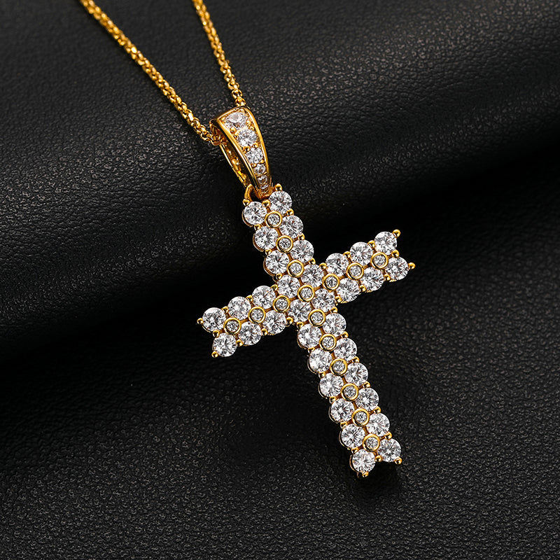 925 Sterling Silver Two Row VVS Moissanite Diamond Cross Pendant Necklace With Chain