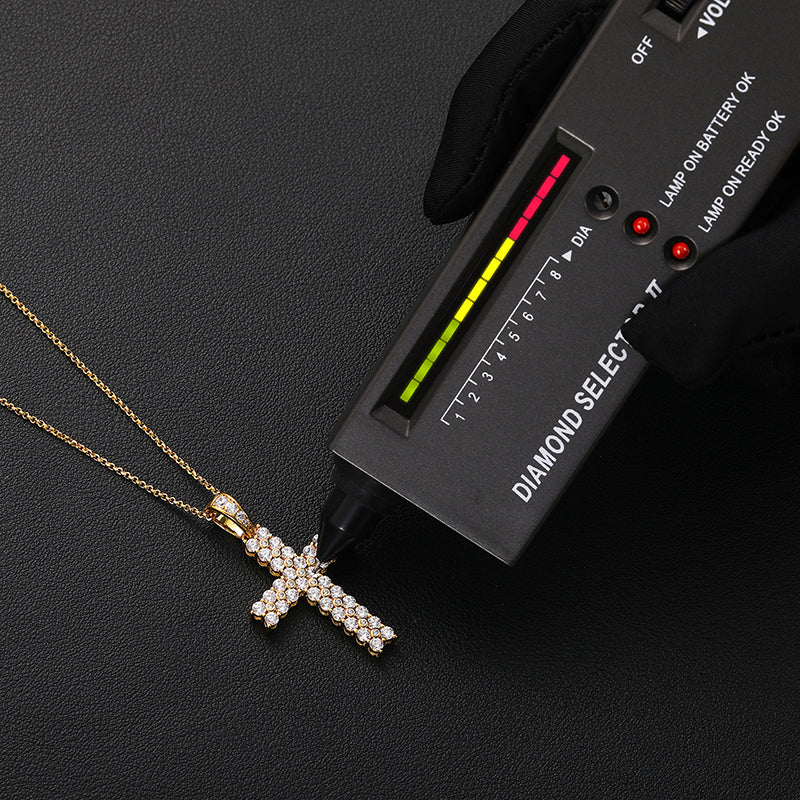 925 Sterling Silver Two Row VVS Moissanite Diamond Cross Pendant Necklace With Chain