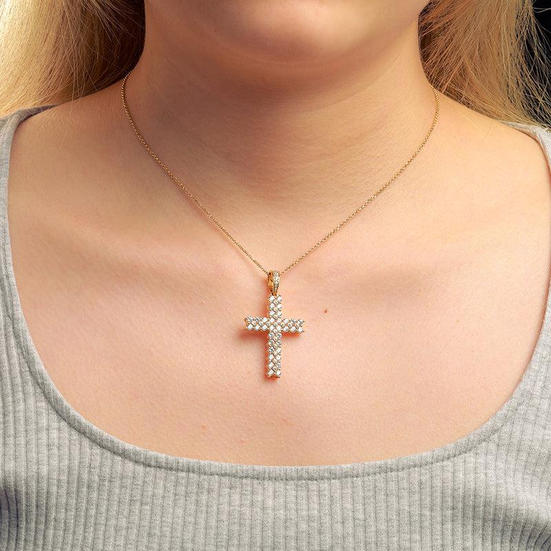 925 Sterling Silver Two Row VVS Moissanite Diamond Cross Pendant Necklace With Chain