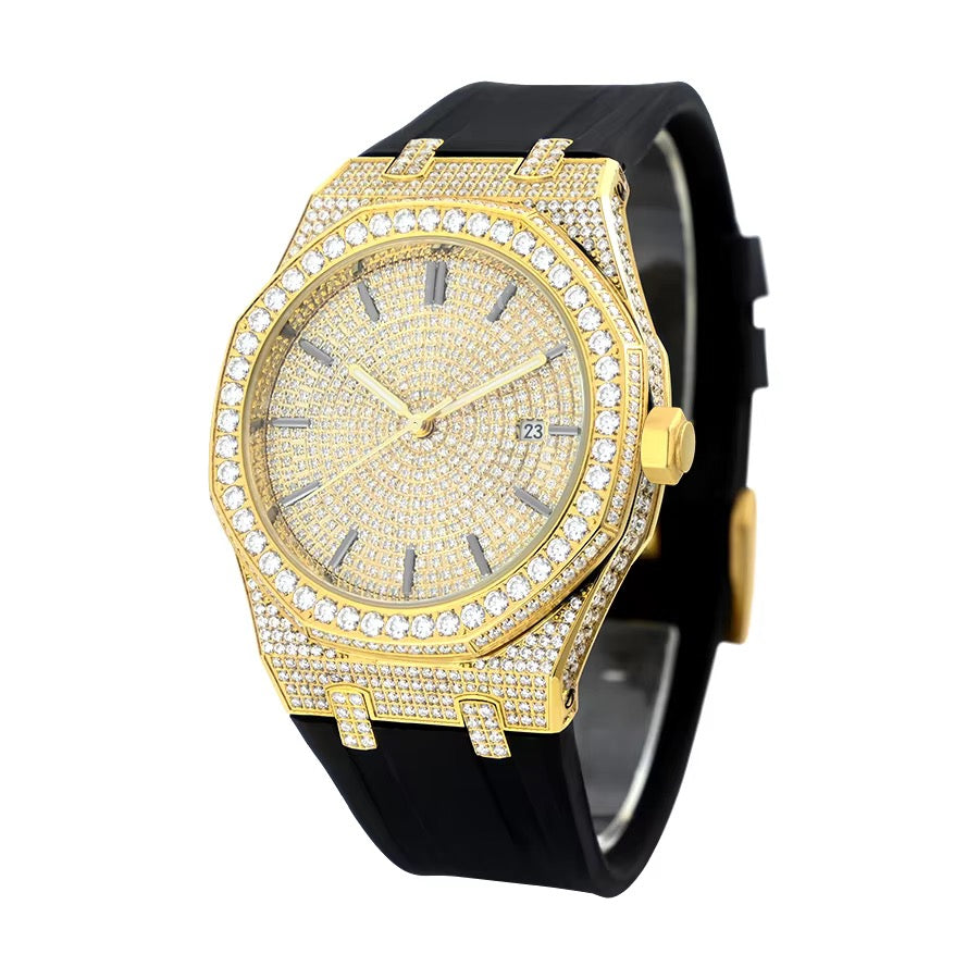8.5 CT Moissanite Iced-Out Silicone-Band Watch — Silver/Gold